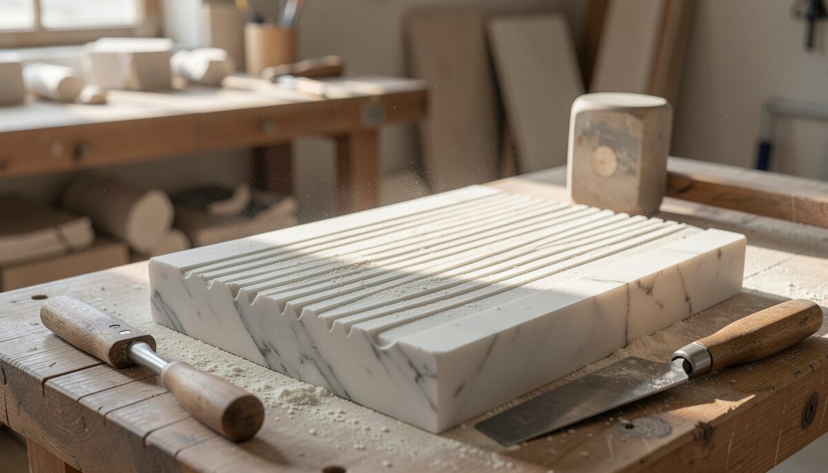 Close raking light across a freshly claw-chiselled block of white marble in a stone carving workshop, fine parallel tool channels visible on the surface, dust gathered in the grooves, with a flat chisel and wooden mallet resting on the bench beside the block.