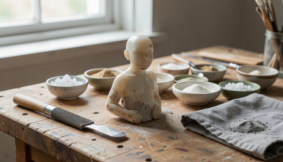 A sculptor's workbench in daylight, with a small carved alabaster figure partly polished on the face and left rough on the lower body, surrounded by a rasp, a riffler, small dishes of sand and pumice, and a folded cloth with grey dust on it.