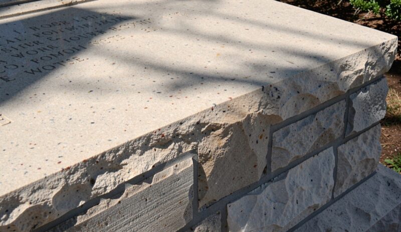 Raking light across a pale granite memorial surface showing polished and rough-cut stone textures, chisel marks visible