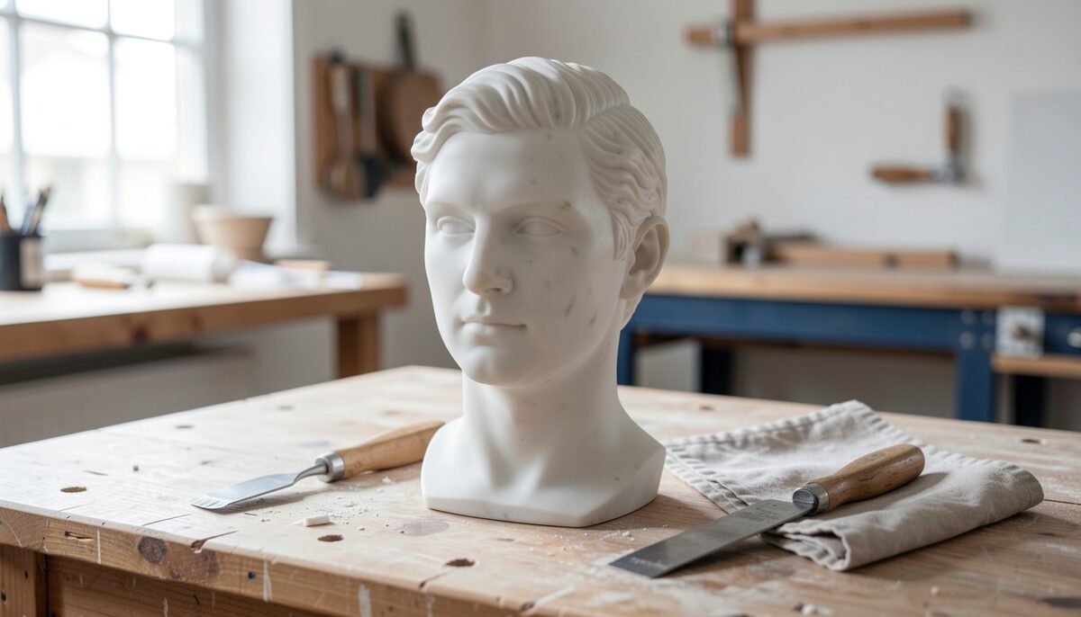 A marble bust on a wooden workbench in a bright workshop, lit from one side, with broad chisel tracks visible across the hair and a smoother cheek. A claw chisel and a flat chisel rest nearby on a folded cloth.