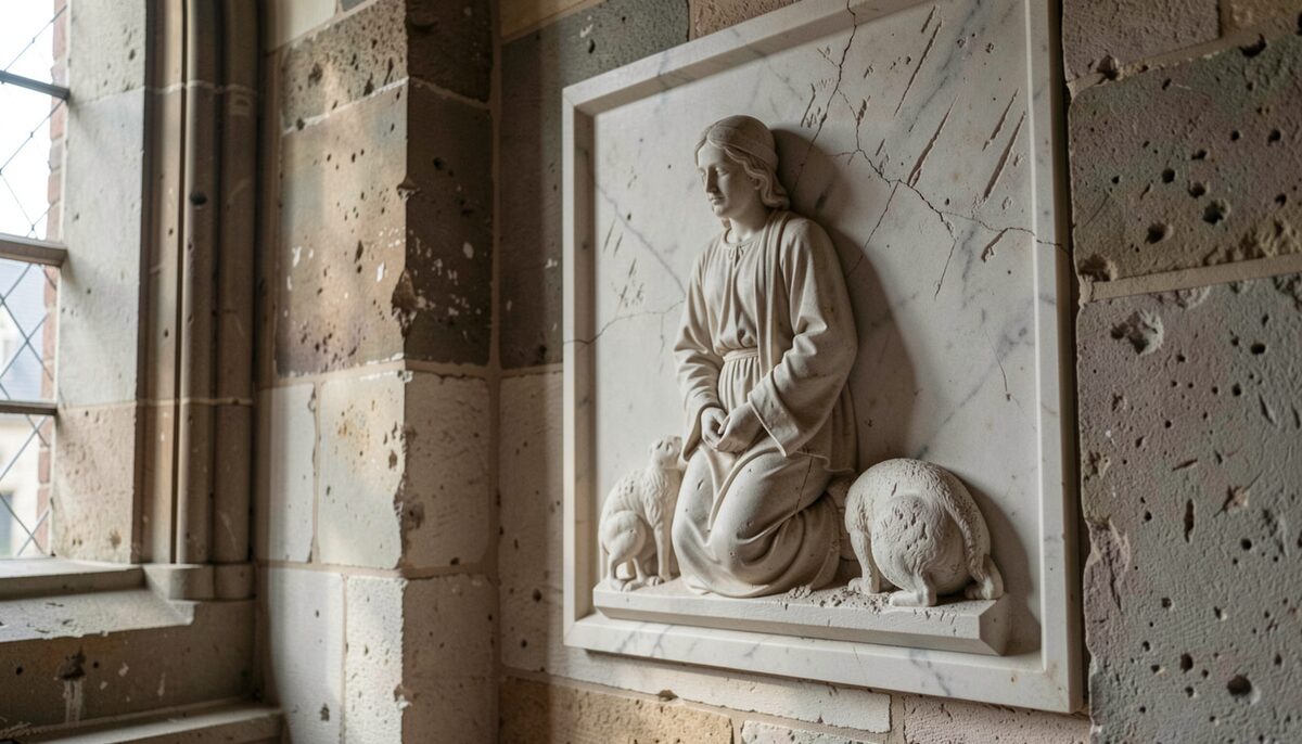 A marble relief panel set into a weathered stone wall in a church interior, raking light from a side window revealing shallow modelling and chisel marks, with a kneeling figure carved in low relief and a darker recessed background.