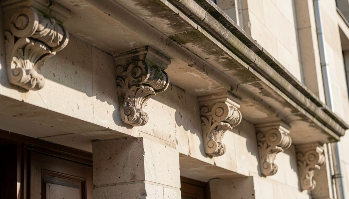 A sunlit stone building facade with carved foliate capitals and a deep shadow under a projecting cornice, captured from an angled viewpoint.